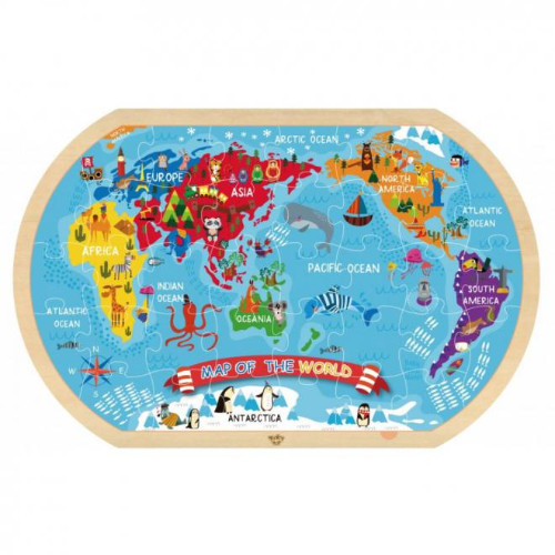 Tooky Toy - Ξύλινο Παζλ Παγκόσμιος Χάρτης - Ηλικία 3+, Παίκτες 1+