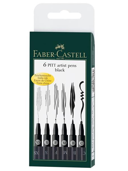 Faber Castell Σετ 6 Pitt Artist Pen μαύρο (XXS - S - F - M - 1.5 - C - B - FH)