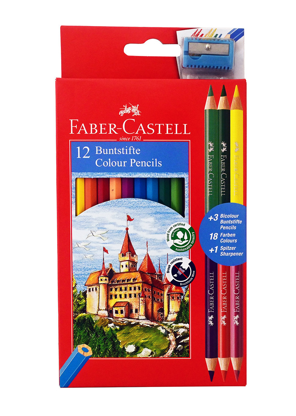 Faber Castell Ξυλομπογιές Κάστρο (+ ξύστρα δώρο) σετ των 12τμχ (+3 Δώρο)
