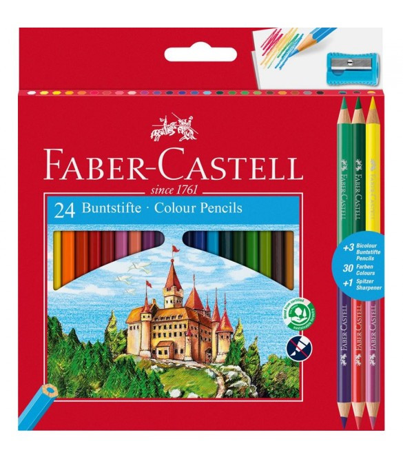Faber Castell Ξυλομπογιές Κάστρο σετ των 24τμχ (+3 διπλά χρώματα +ξύστρα)