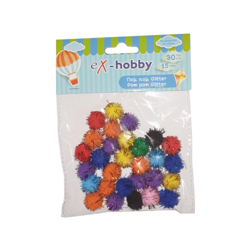 Πομ - Πομ Χειροτεχνίας Glitter eX-HOBBY 1.5cm (30τμχ)