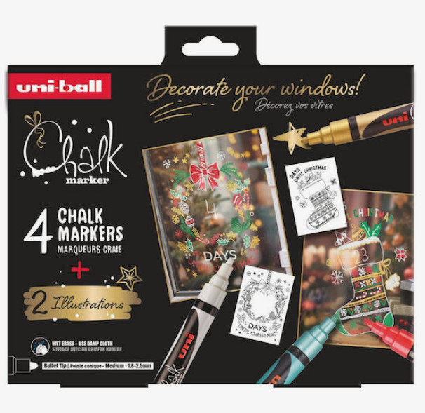 Uni Posca(Uni-Ball) Μαρκαδόροι Υγρής Κιμωλίας & 2 Σχέδια - Traditional Theme (Σετ 4 τχμ)