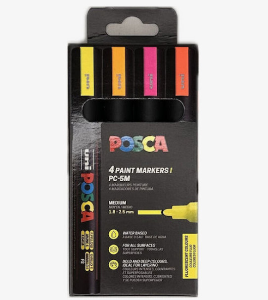 Uni Posca(Uni-Ball) Μαρκαδόρος Neon PC-5M 1.8-2.5mm (Σετ 4 τμχ)