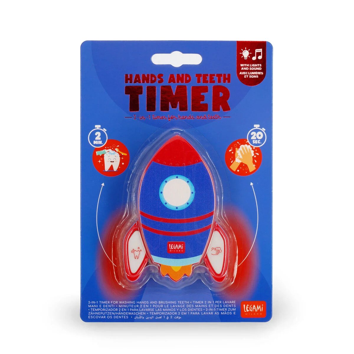 Parte il conto alla rovescia per mani pulite e denti splendenti! A tenere il tempo ci pensa il Timer 2 in 1 per Lavare Mani e Denti - Hands and Teeth Timer - Space di Legami. 2 minuti di lavaggio denti corrono veloci e i 20 secondi del lavaggio mani volano! Lo sporco ha i secondi contati.
Si installa facilmente alla parete con ventose o adesivo 3M
Materiale: ABS, pulsanti in silicone