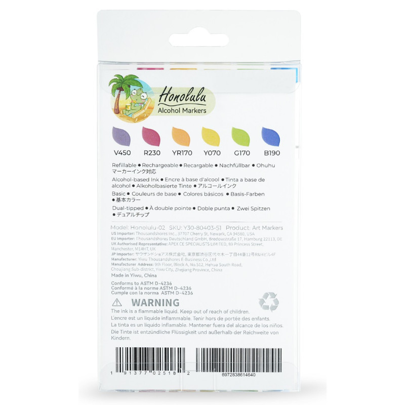 Ohuhu Honolulu Μαρκαδόρος Αλκοόλης Brush & Chisel (Σετ 6 Basic Tones)