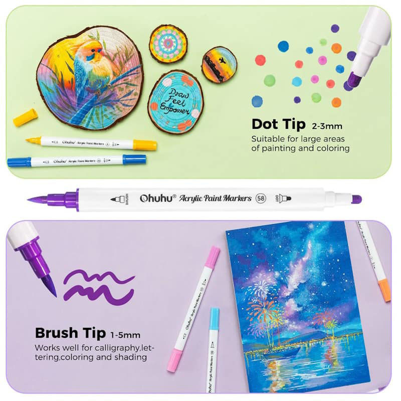 Ohuhu Ακρυλικός Μαρκαδόρος Cotton-core Brush & Fine (Σετ 36 Χρωμάτων)