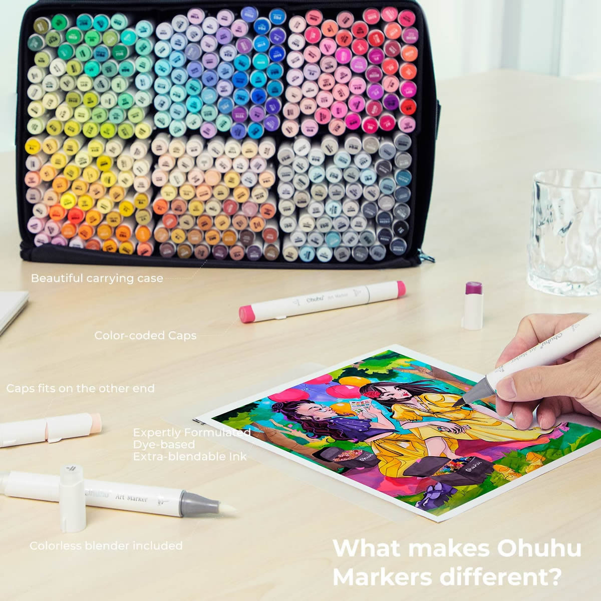 Ohuhu Μαρκαδόρος Αλκοόλης Honolulu Brush & Chisel (Σετ Μαρκαδόρων 320 χρωμάτων)