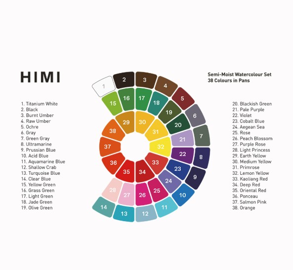 HIMI Semi-Moist Watercolour Σετ Ημι-Υγρές Ακουαρέλες 38 Χρωμάτων με Πινέλο (Purple Case)
