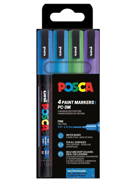 Uni Posca(Uni-Ball) Μαρκαδόρος Glitter Colours 0.9-1.3mm (Σετ 4 τμχ)